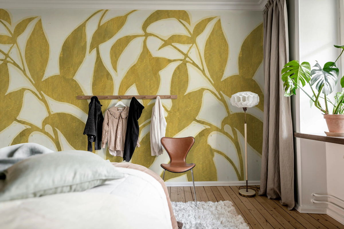 Leaf Silhouette, Yellow Mural Wallpaper - room preview 03