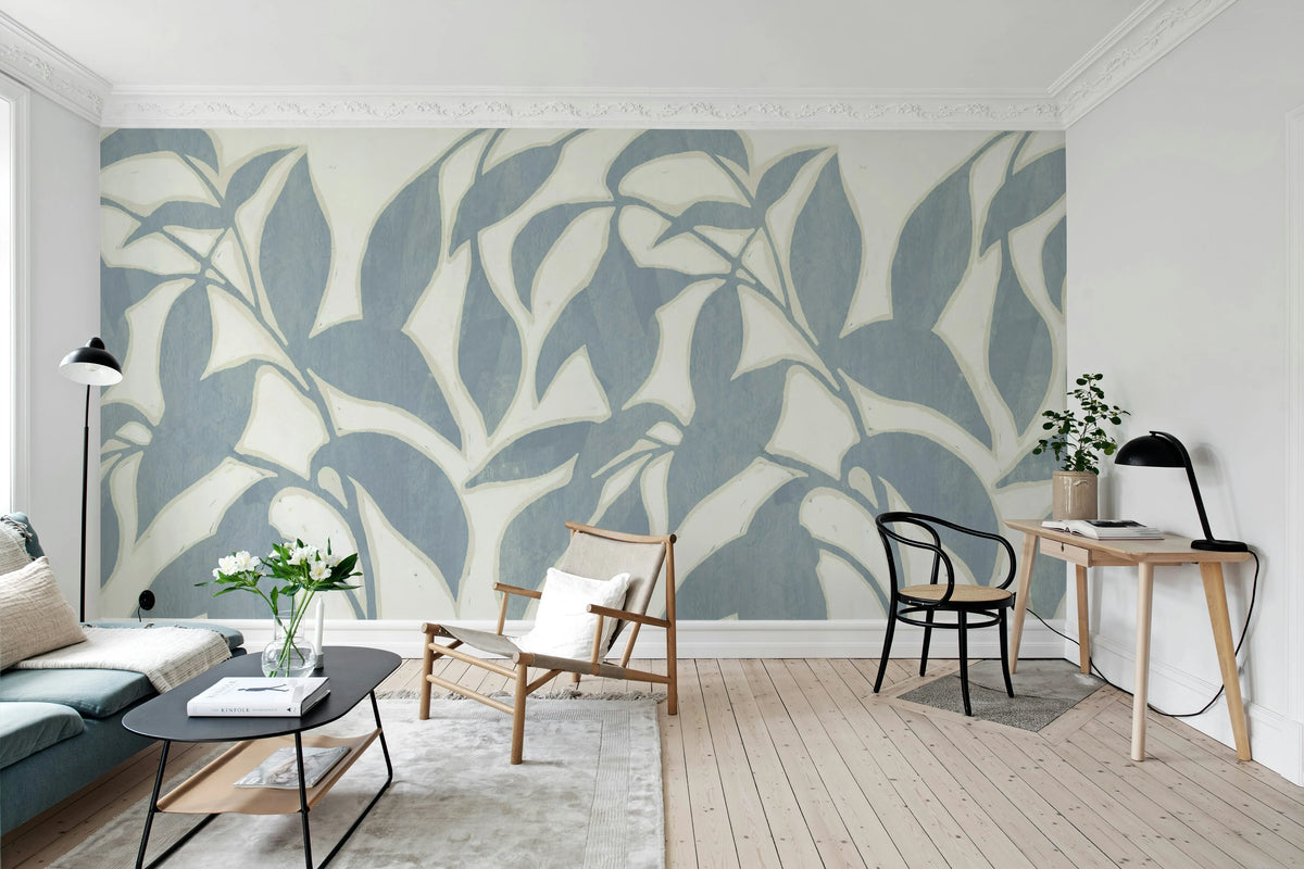 Leaf Silhouette, Blue Mural Wallpaper - room preview 03