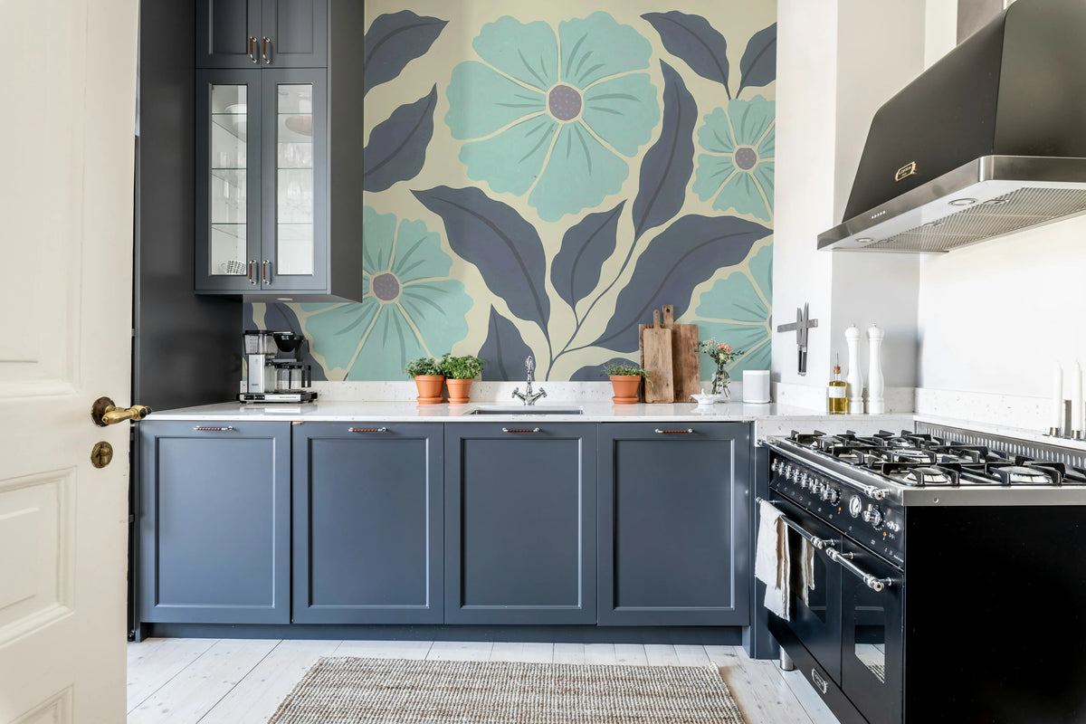 Bold Abstract Flower, Blue Mural Wallpaper - room preview 03