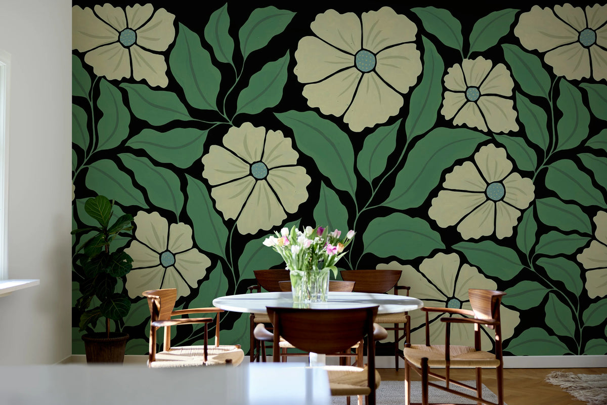 Bold Abstract Flower, Black Mural Wallpaper - room preview 03