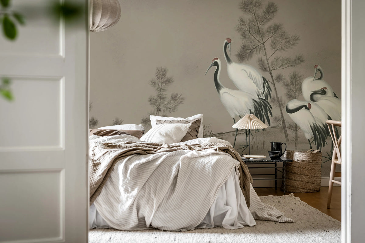 Whispering Cranes, Gray Mural Wallpaper - room preview 03