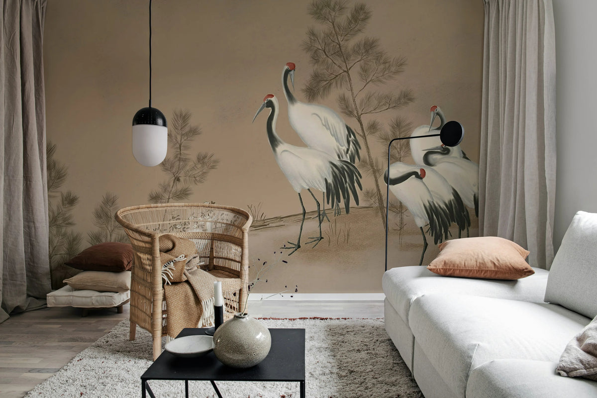 Whispering Cranes, Beige Mural Wallpaper - room preview 03