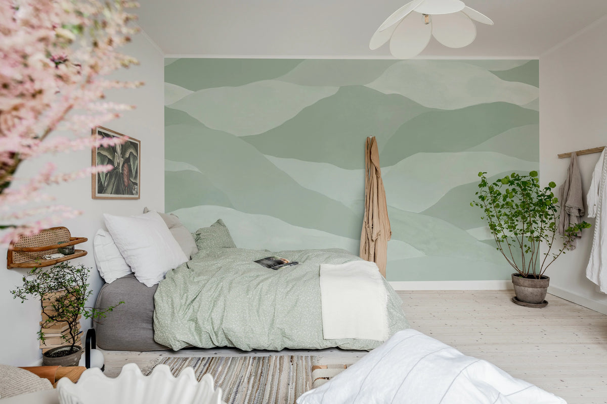 Misty Peaks, Light Green Mural Wallpaper - room preview 03