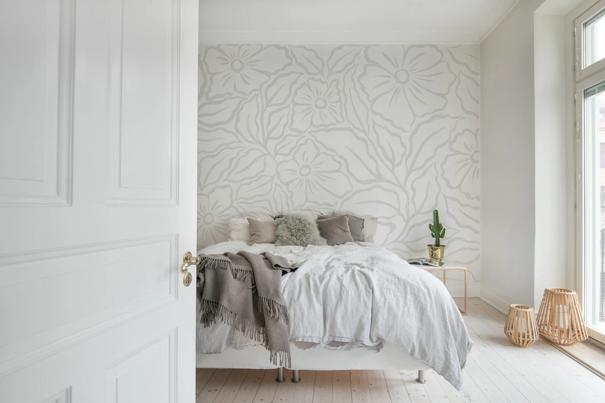 Ink Flowers, White Mural Wallpaper - room preview 03