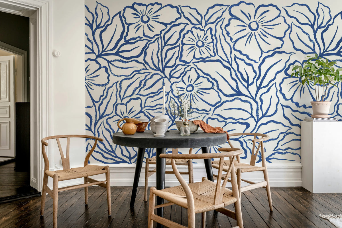 Ink Flowers, Blue Mural Wallpaper - room preview 03
