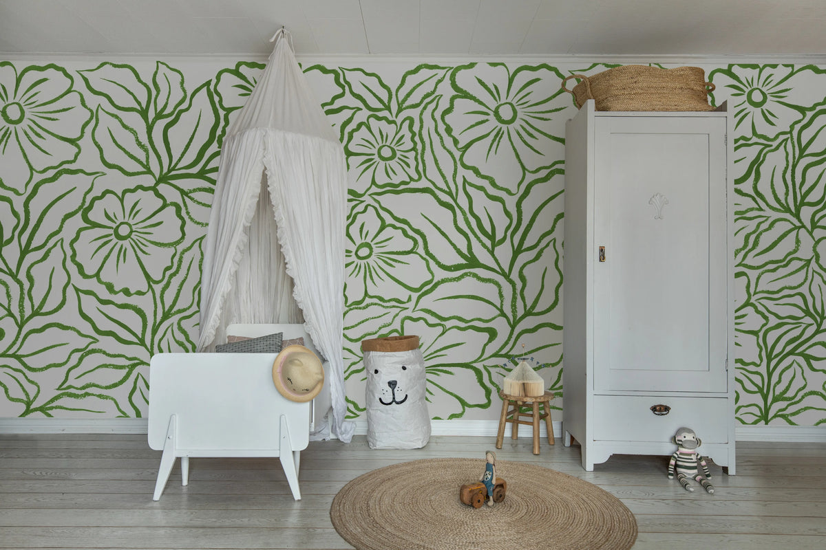 Ink Flowers, Green Mural Wallpaper - room preview 03