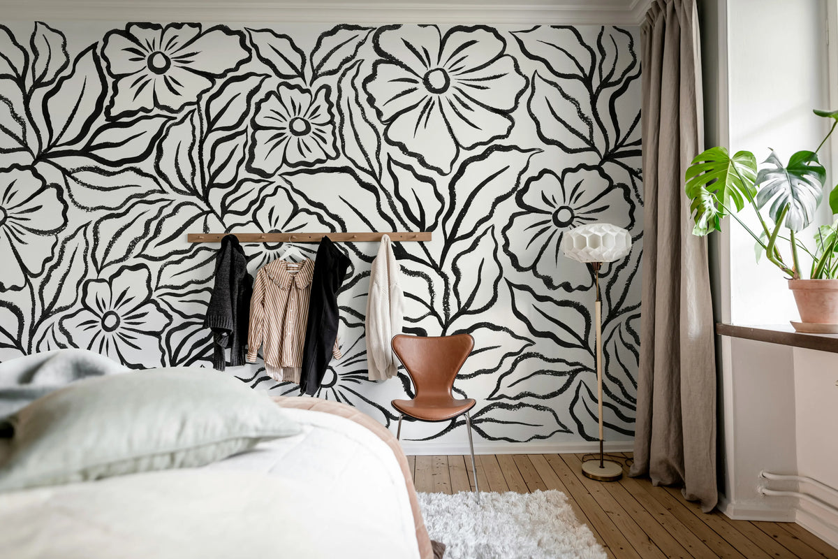 Ink Flowers, Black Mural Wallpaper - room preview 03
