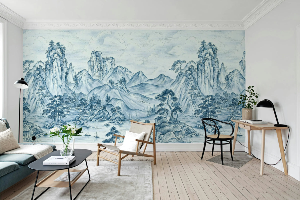 Timeless Pines, Blue Mural Wallpaper - room preview 03
