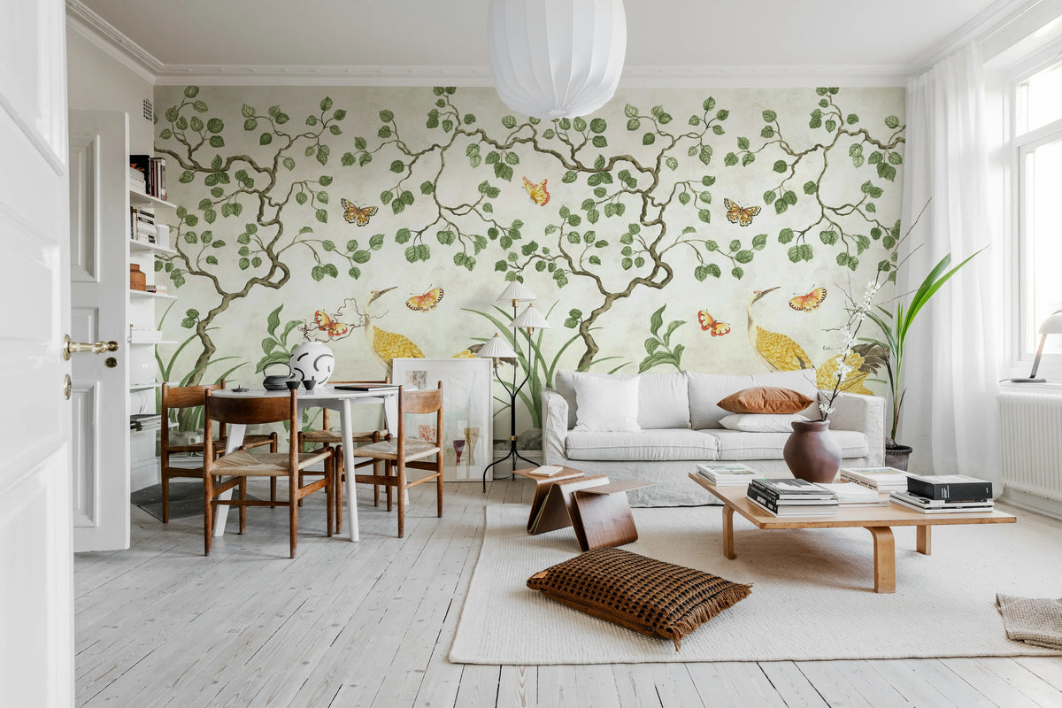 Where Cranes Dream, Beige Mural Wallpaper - room preview 03