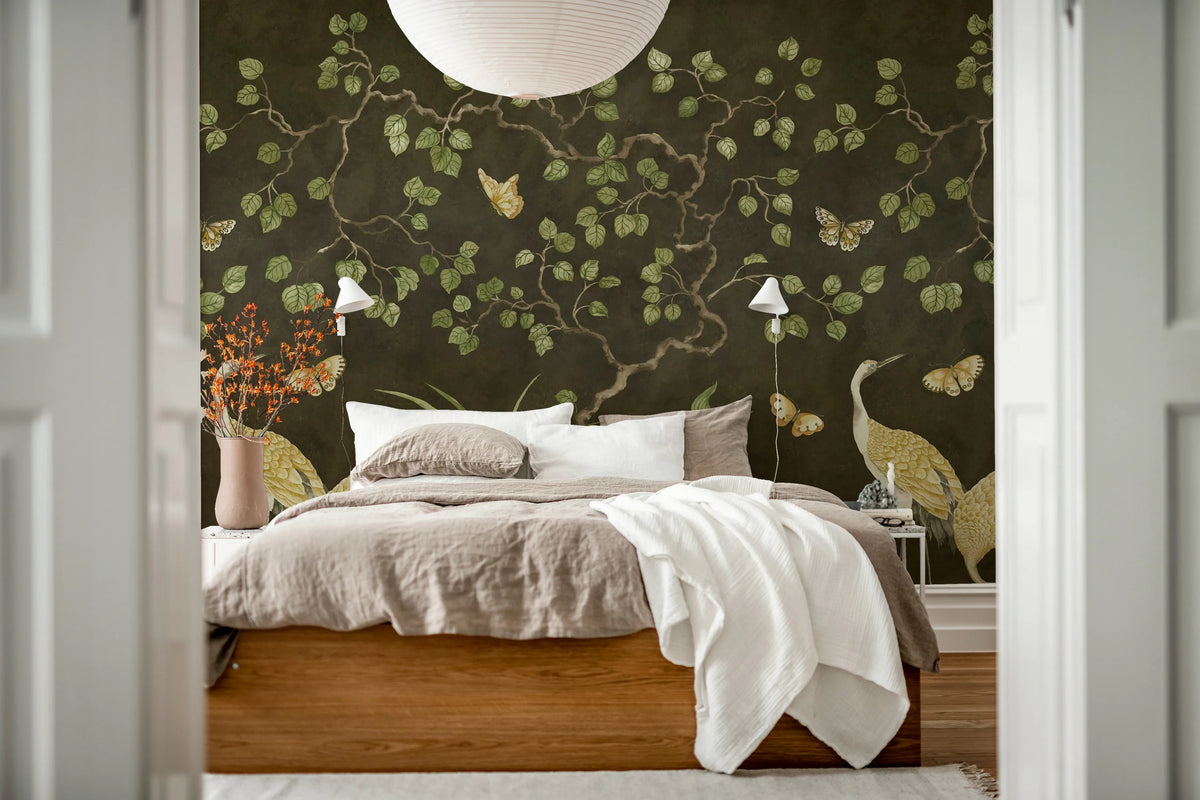 Where Cranes Dream, Black Mural Wallpaper - room preview 03