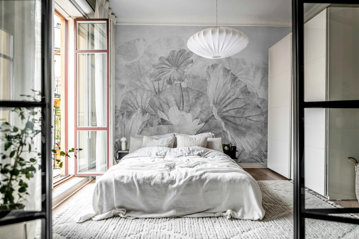 Lotus Leafs, Gray Mural Wallpaper - room preview 03