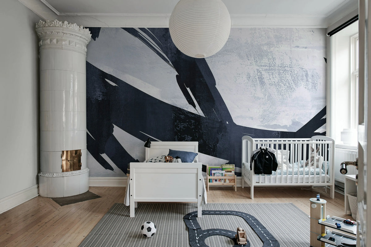 Artzy Stripes, Blue Mural Wallpaper - room preview 03