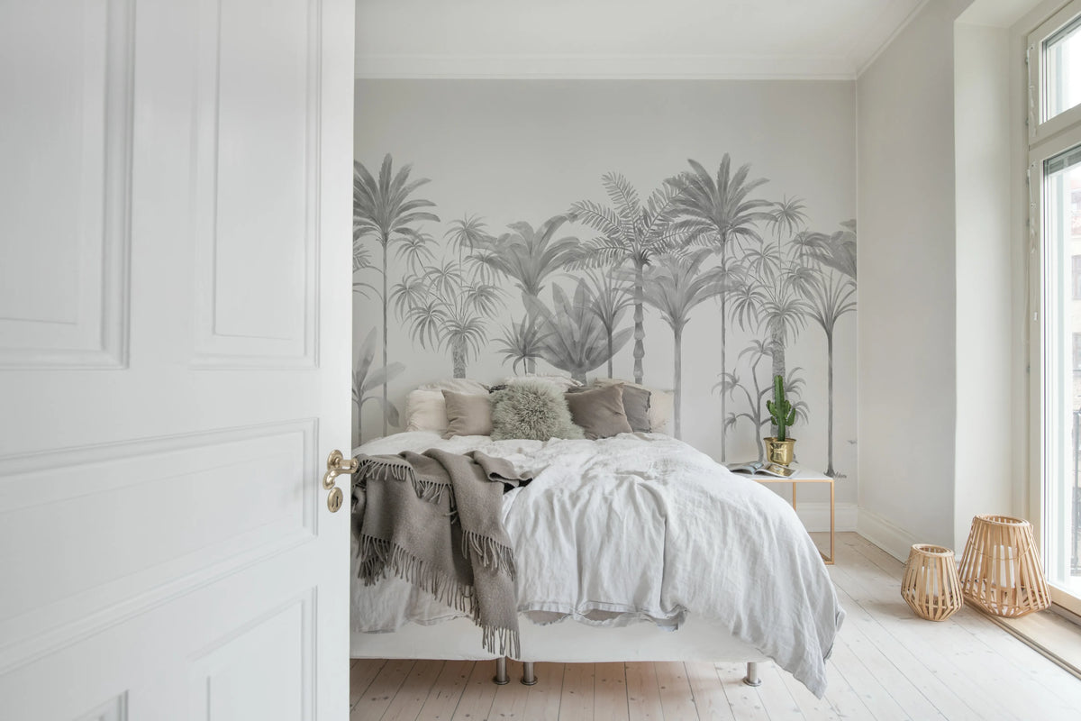 Playful Palms, Gray Mural Wallpaper - room preview 03