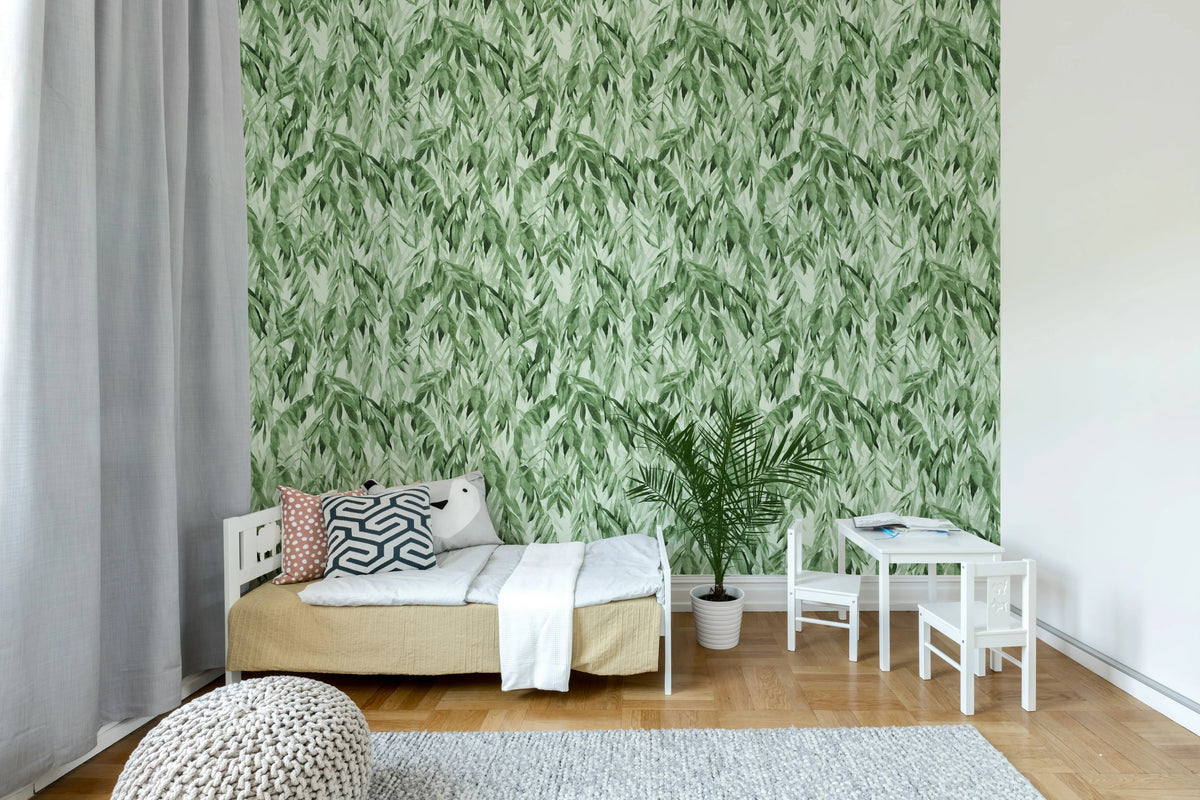Hanging Branches, Solid Green Mural Wallpaper - room preview 03