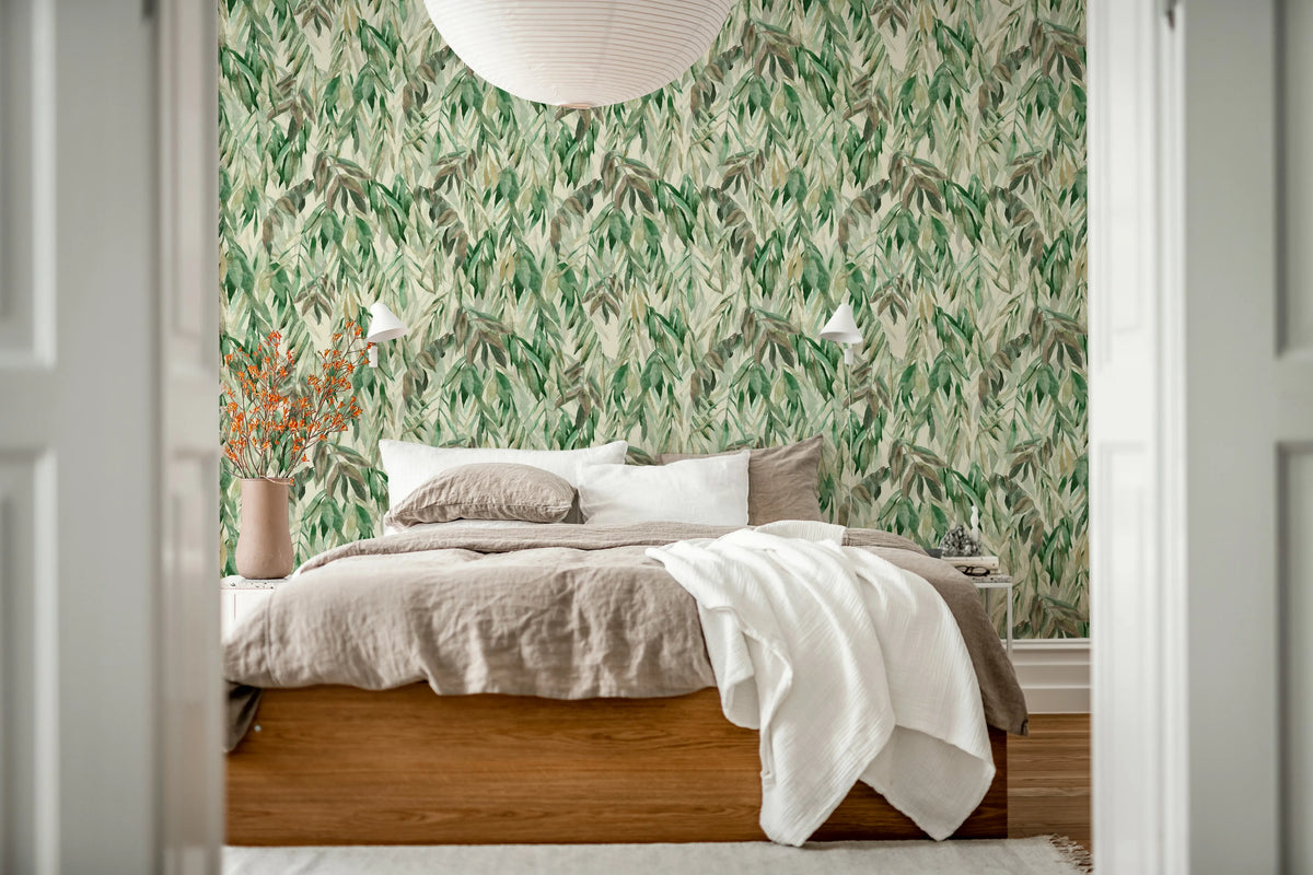 Hanging Branches, Warm Green Mural Wallpaper - room preview 03