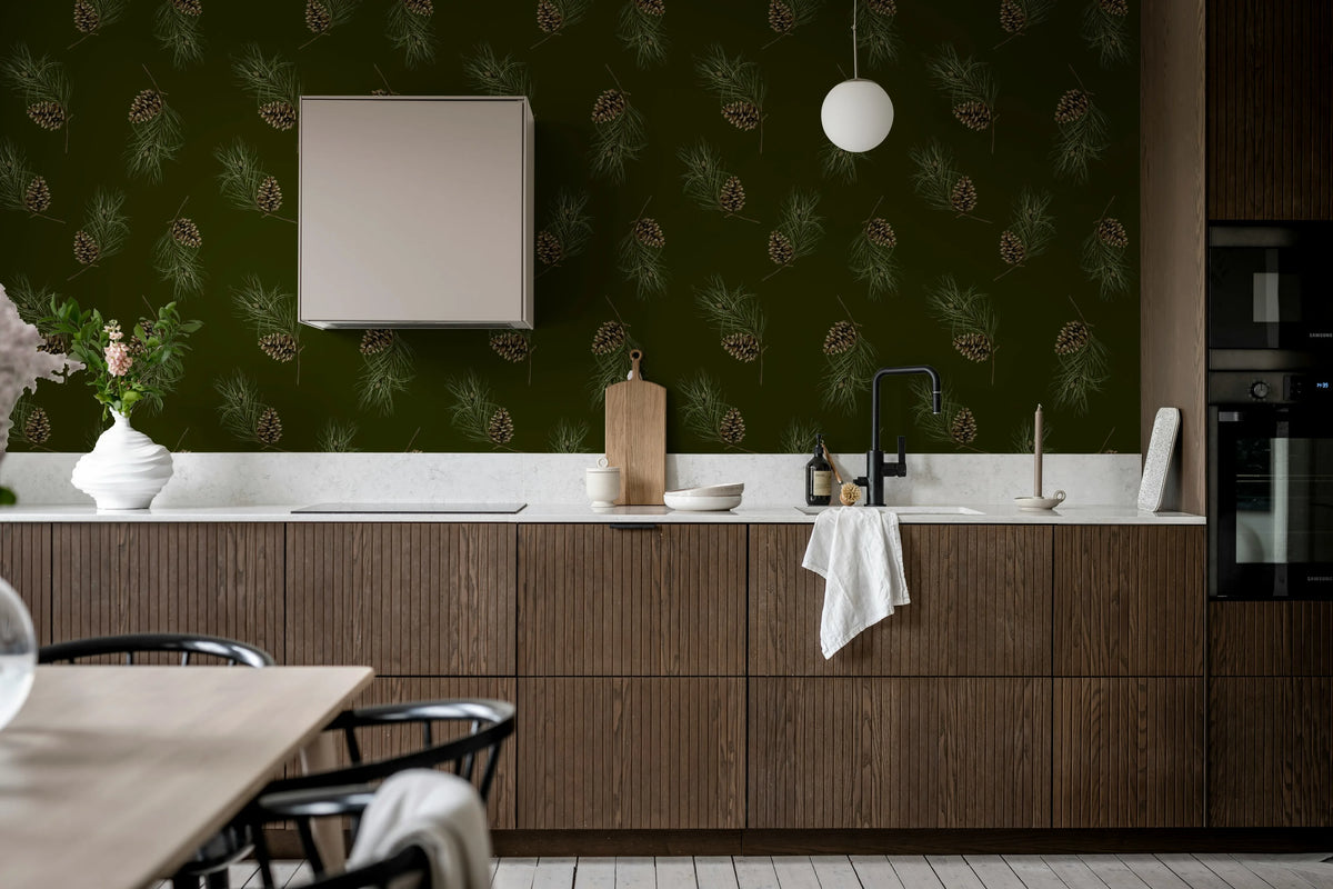 Pine Cones, Dark Green Mural Wallpaper - room preview 03