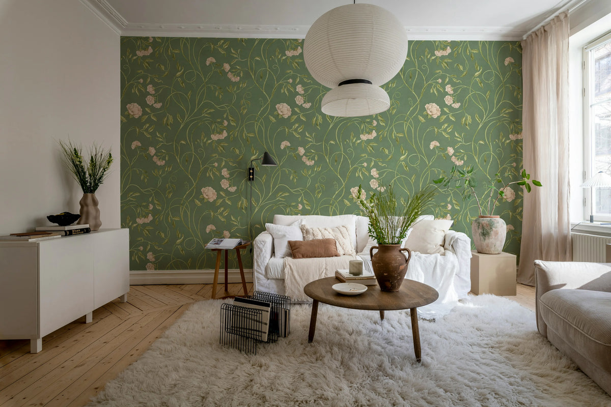 Peony Bloom, Green Mural Wallpaper - room preview 03
