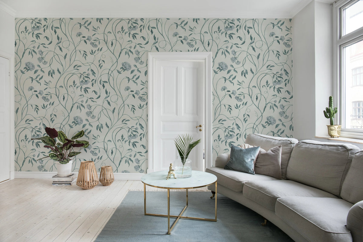 Peony Bloom, Blue Mural Wallpaper - room preview 03