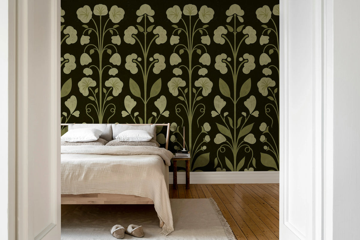 Folk Flower, Dark Green Mural Wallpaper - room preview 03