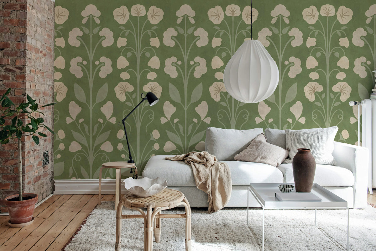 Folk Flower, Green Mural Wallpaper - room preview 03