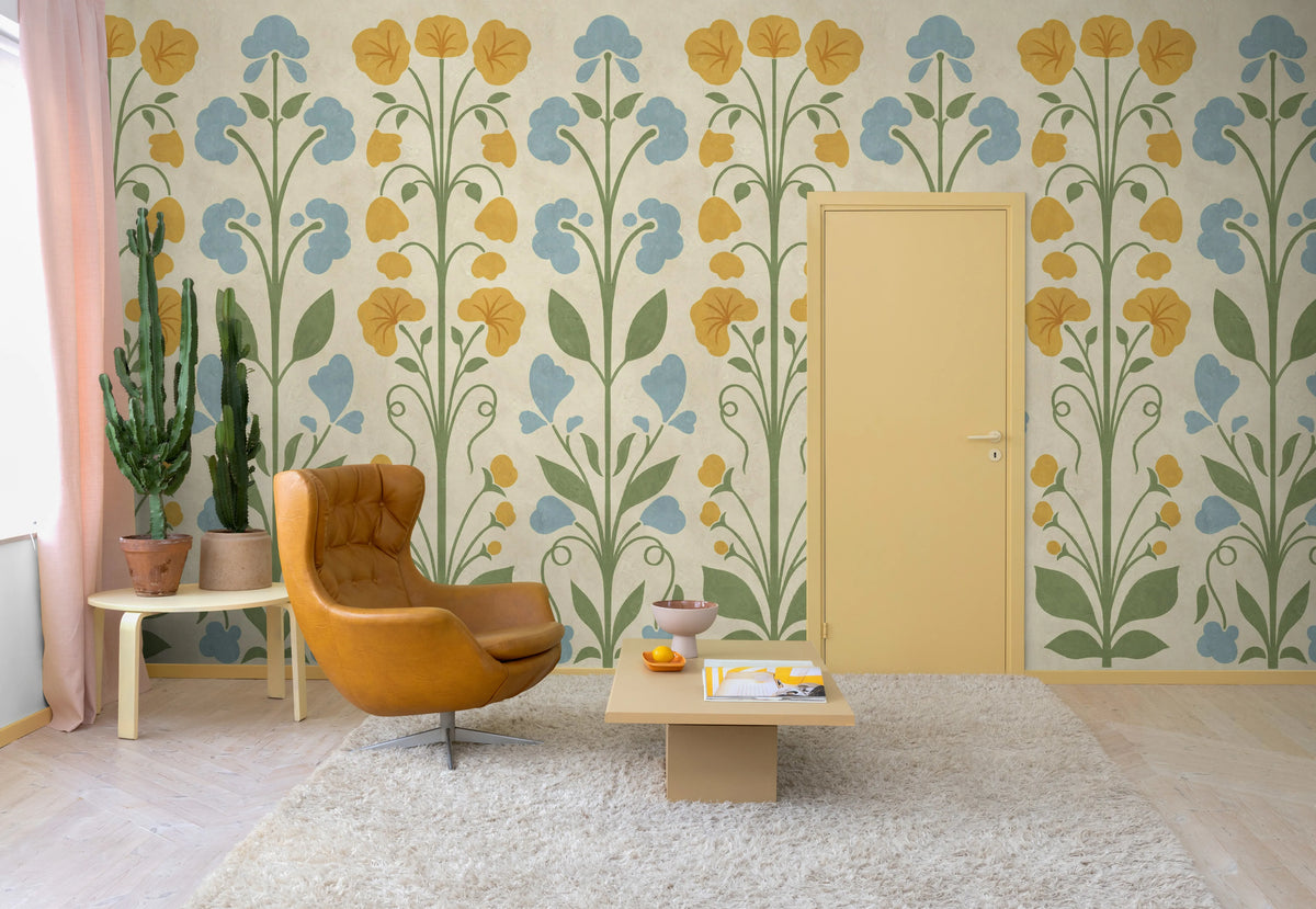 Folk Flower, Yellow Mural Wallpaper - room preview 03