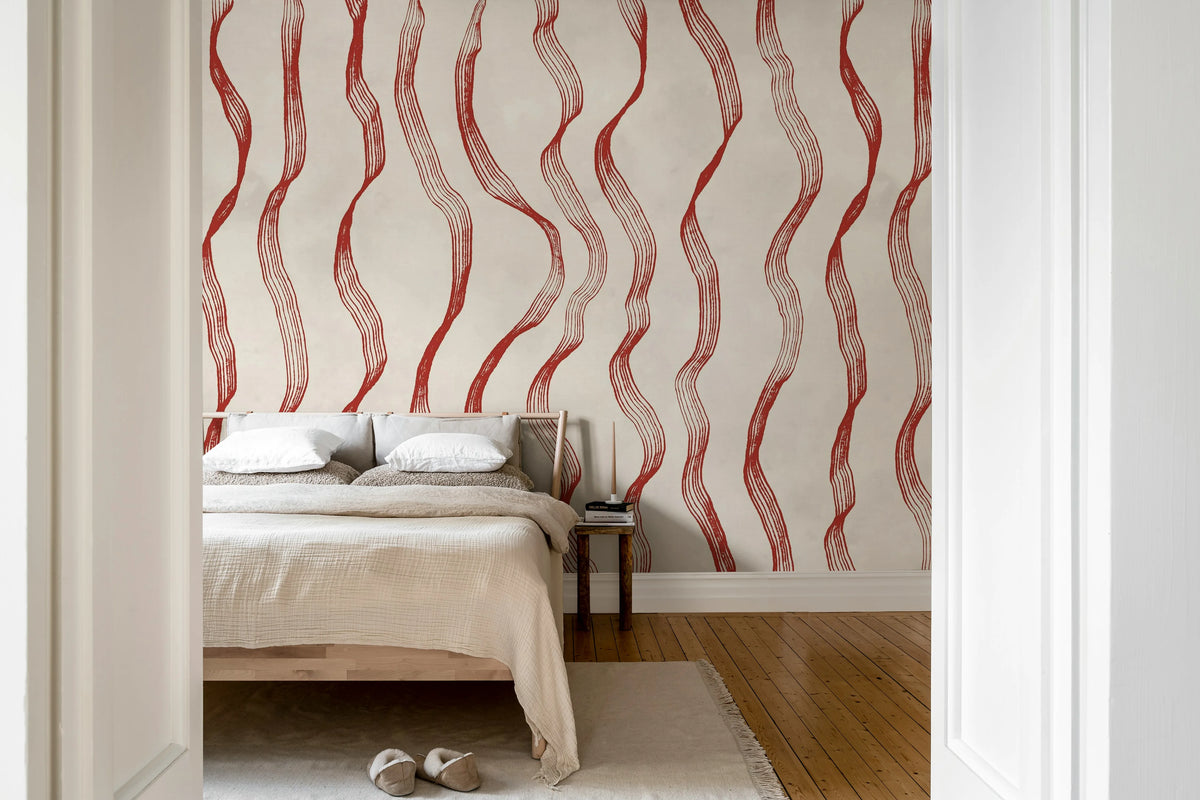 Ribbon Stripe, Red Mural Wallpaper - room preview 03