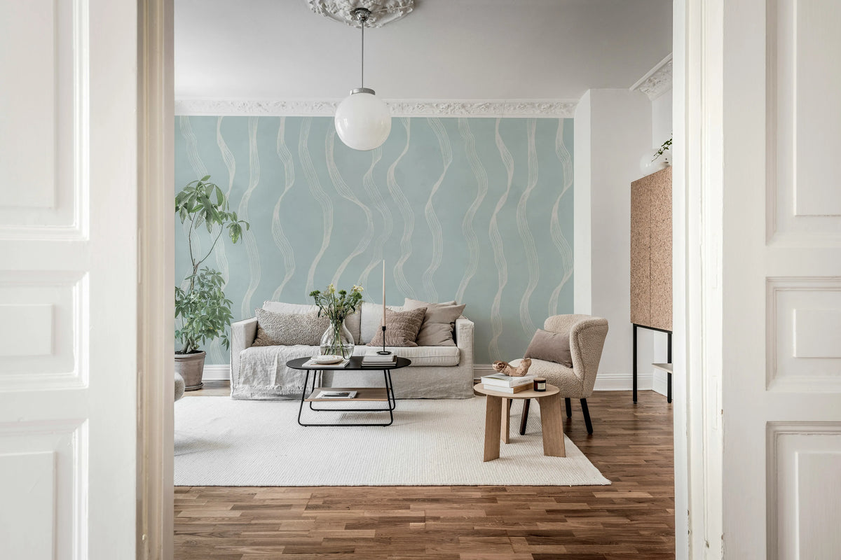 Ribbon Stripe, Light Blue Mural Wallpaper - room preview 03