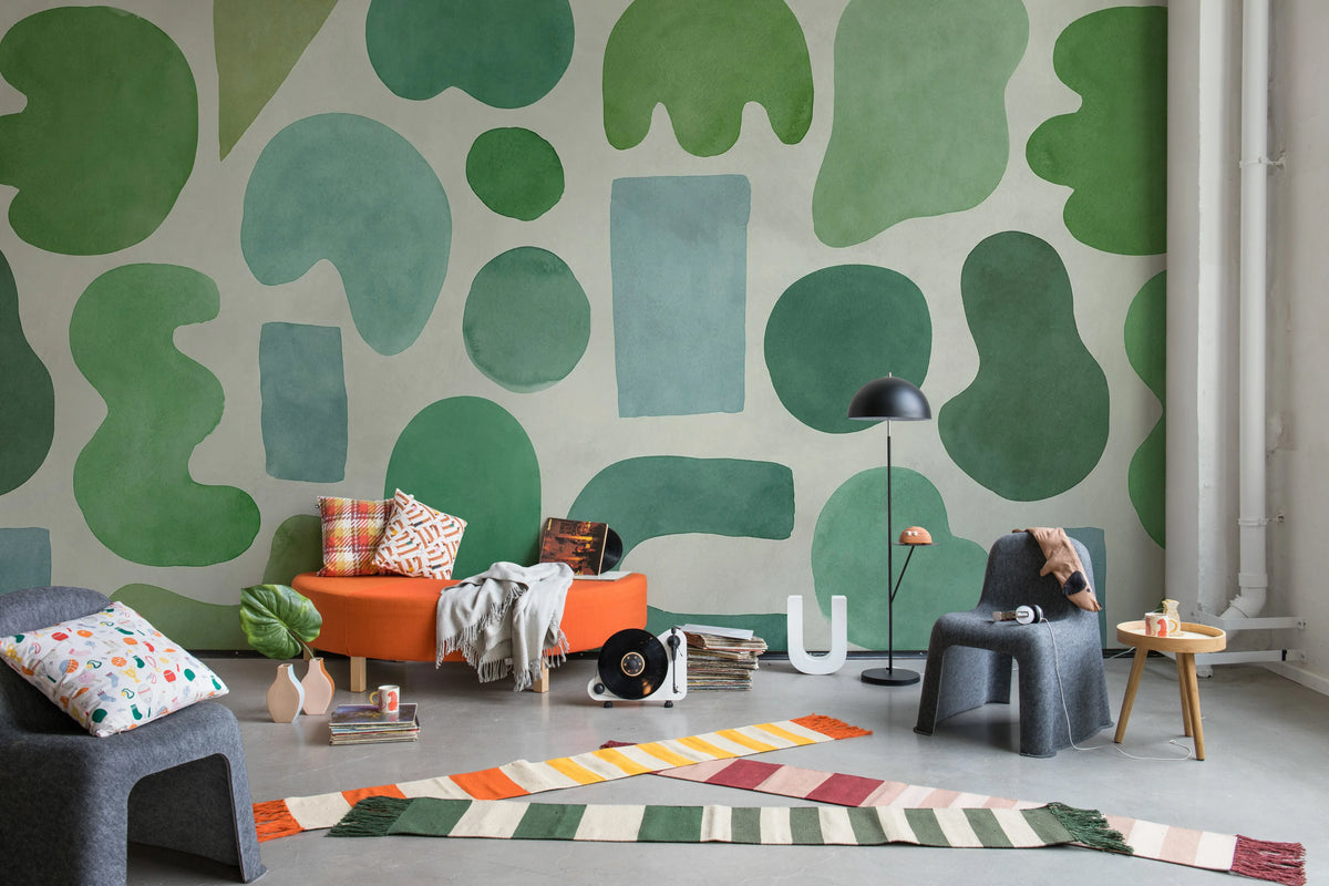 Watercolor Shapes, Green Mural Wallpaper - room preview 03