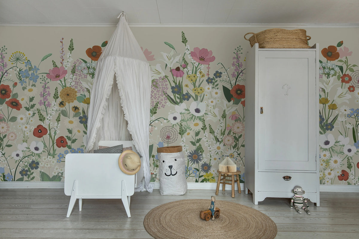 Playful Meadow, Beige Mural Wallpaper - room preview 03