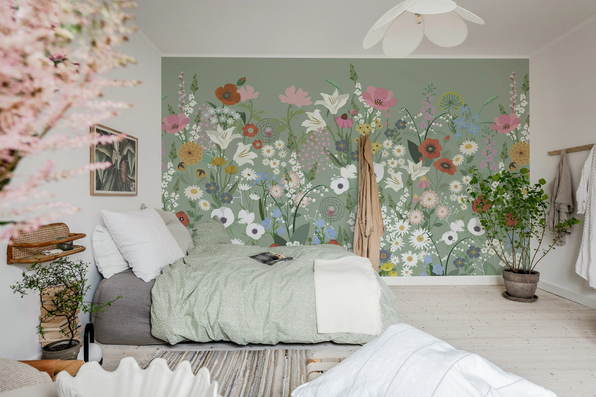 Playful Meadow, Green Mural Wallpaper - room preview 03