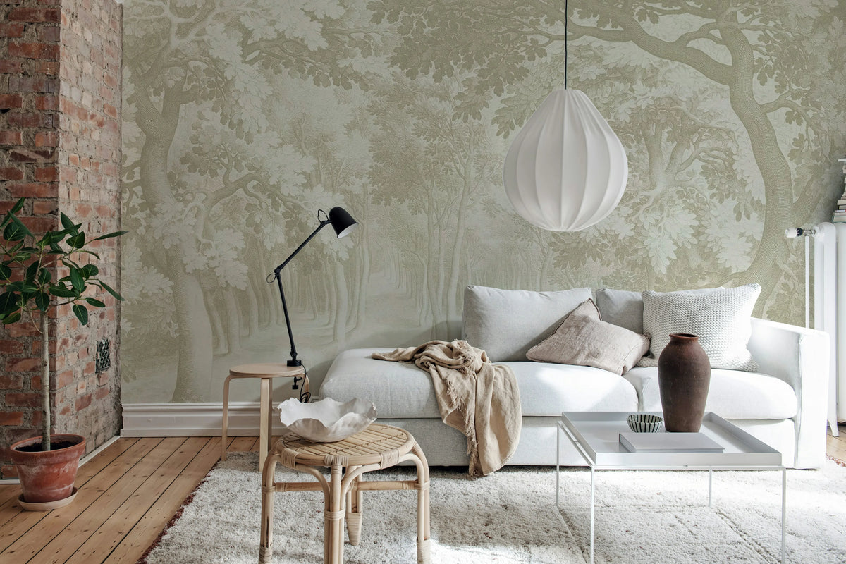 Forest Engraving, Beige Mural Wallpaper - room preview 03