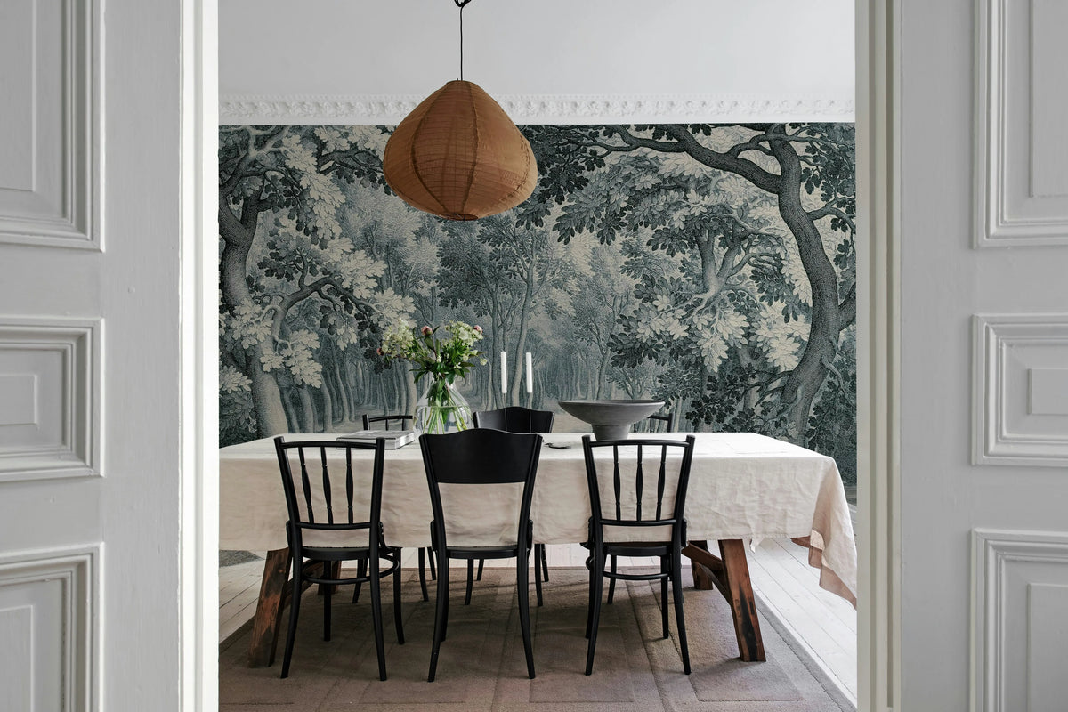 Forest Engraving, Blue Mural Wallpaper - room preview 03