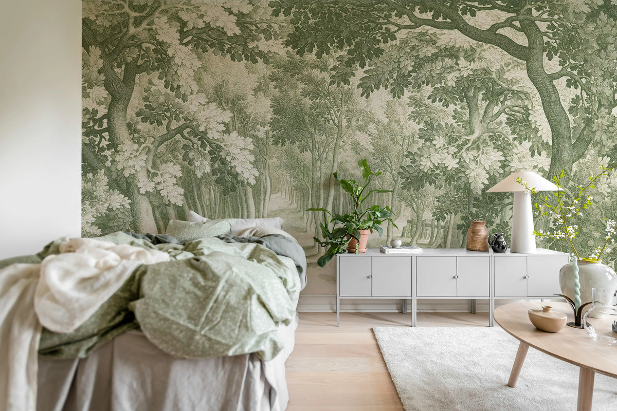 Forest Engraving, Green Mural Wallpaper - room preview 03