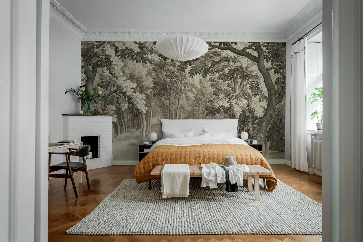 Forest Engraving, Vintage Mural Wallpaper - room preview 03