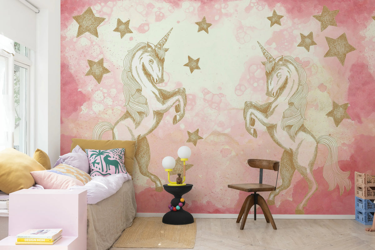 Bubble Unicorn, Pink Mural Wallpaper - room preview 03