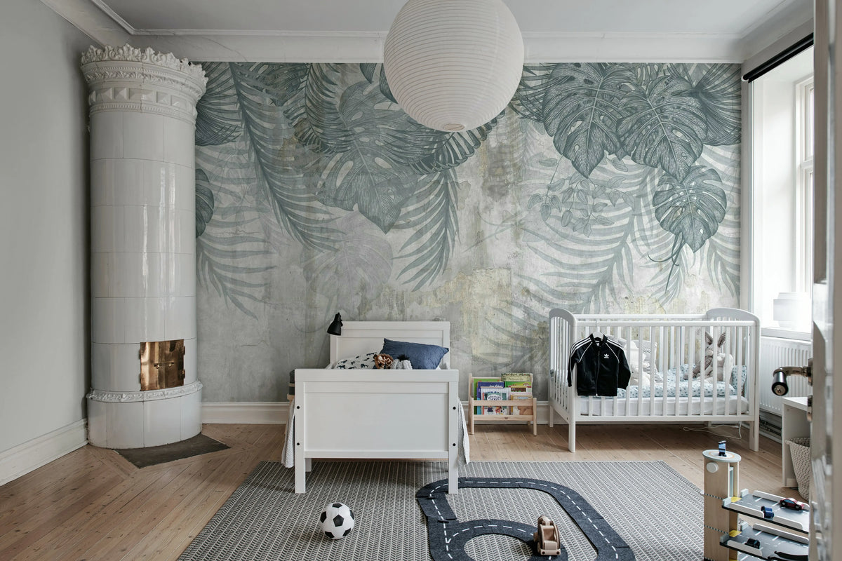 Monstera Wall, Blue Mural Wallpaper - room preview 03