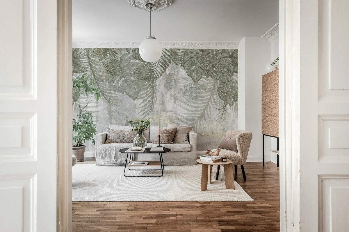 Monstera Wall, Gray Mural Wallpaper - room preview 03