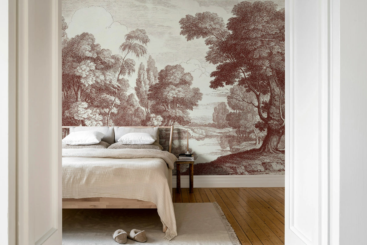 Etching Park, Burgundy Mural Wallpaper - room preview 03