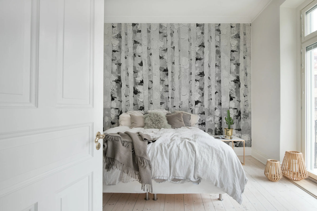 Birch Forest, Black & White Mural Wallpaper - room preview 03
