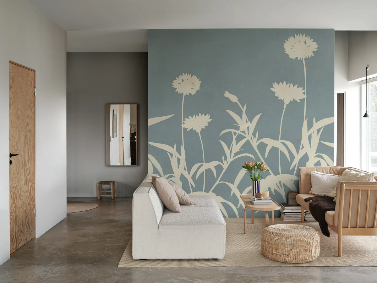 Floral Silhouette, Blue Mural Wallpaper - room preview 03