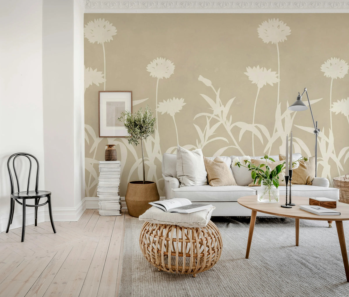 Floral Silhouette, Beige Mural Wallpaper - room preview 03