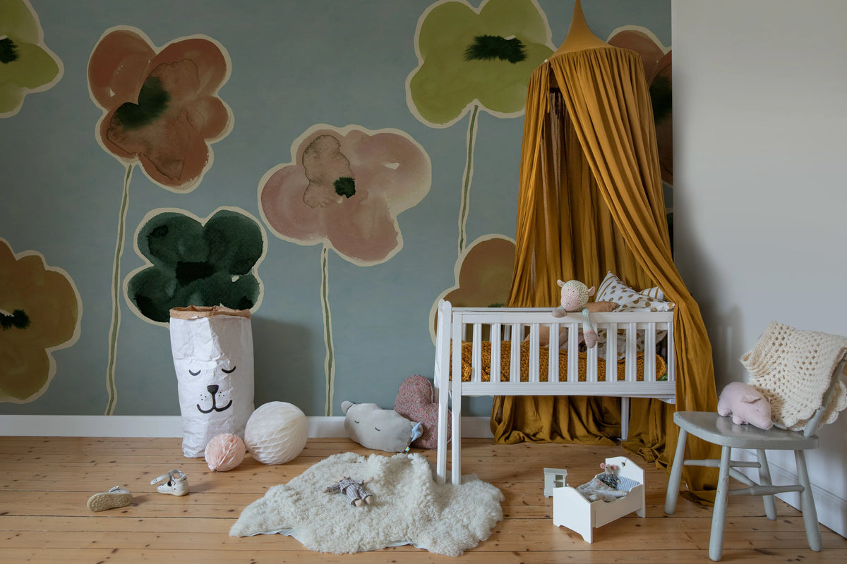 Paper Poppies, Blue Mural Wallpaper - room preview 03