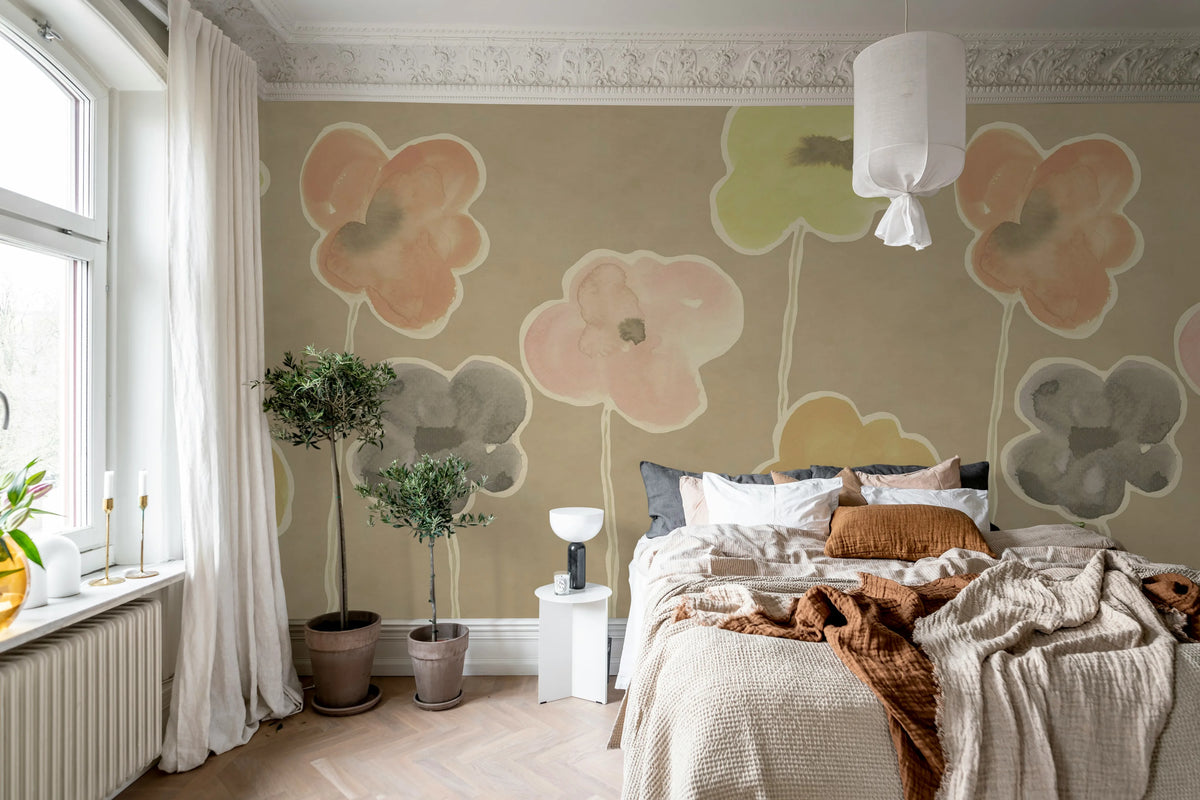 Paper Poppies, Beige Mural Wallpaper - room preview 03