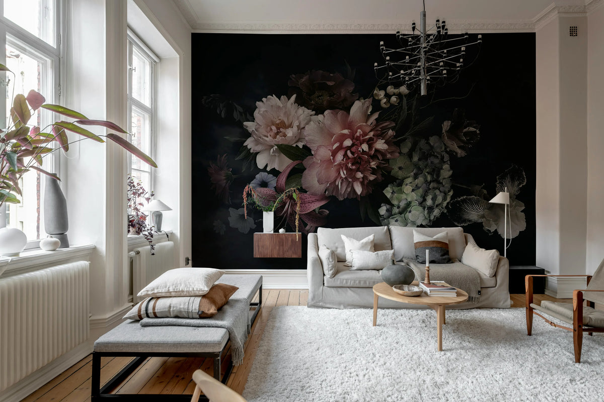 Floral Bouquet, Dark Mural Wallpaper - room preview 03