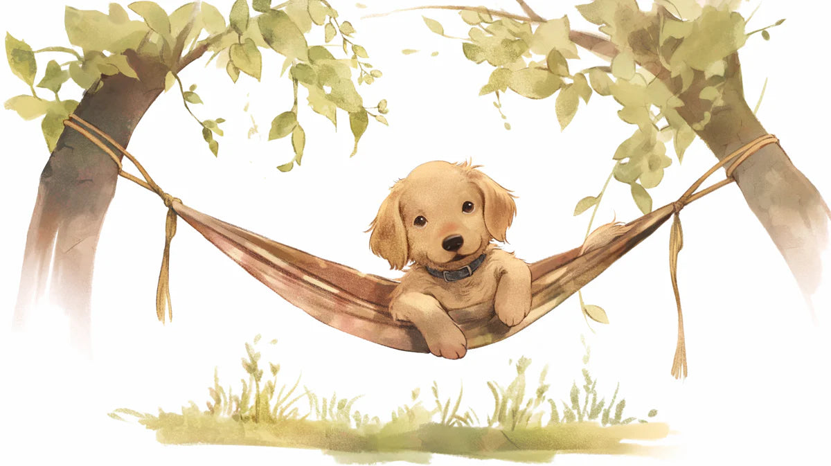 Golden Retriever Puppy in Hammock Mural Wallpaper — Whimsical Art Mural Wallpaper - room preview 04