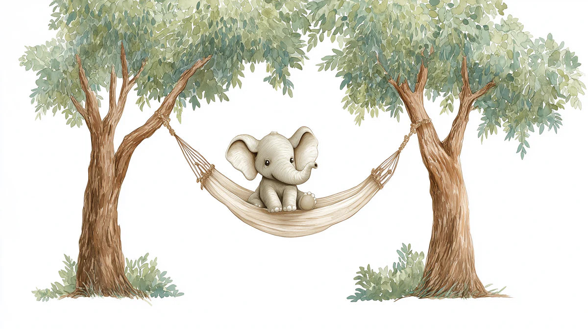 Baby Elephant in Hammock Mural Wallpaper — Whimsical Forest Scene Mural Wallpaper - room preview 04