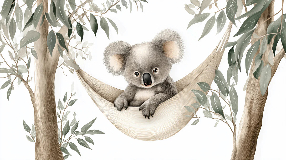 Koala in Hammock Mural Wallpaper — Whimsical Woodland Art Mural Wallpaper - room preview 04