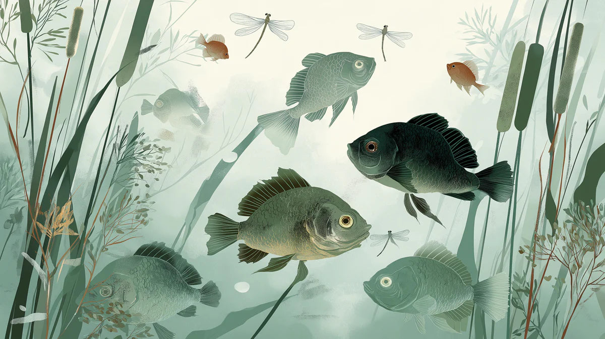 Zen Pond Mural Wallpaper — Calm Aquatic Fish and Reed Illustration Mural Wallpaper - room preview 04
