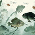 Zen Pond Mural Wallpaper — Calm Aquatic Fish and Reed Illustration Mural Wallpaper - room preview 04