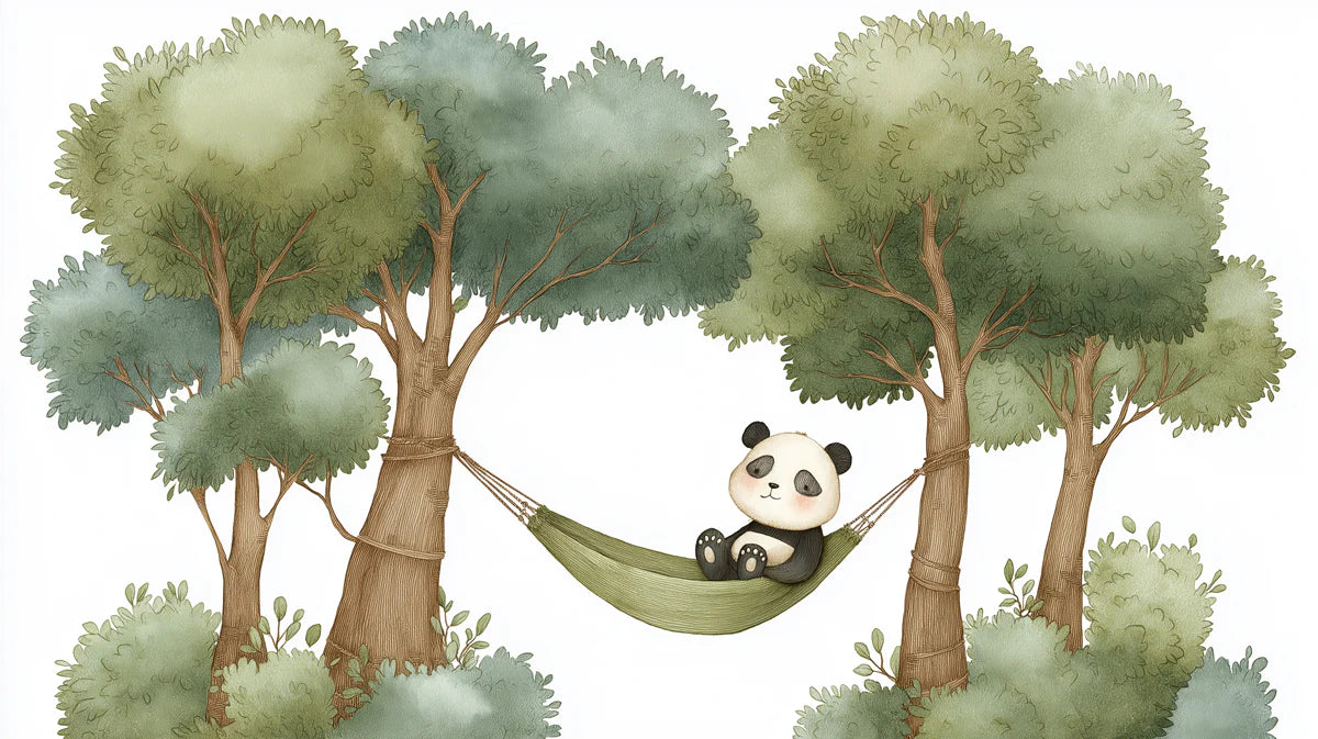 Resting Panda in Hammock Mural Wallpaper — Whimsical Woodland Scene Mural Wallpaper - room preview 04